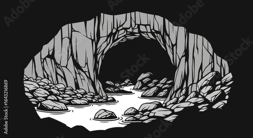 mysterious cave entrance a dramatic black and white illustration perfect for adventure exploration or fantasy projects