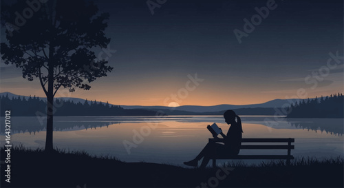 serene sunset finding peace and solitude while reading by a tranquil lake perfect for relaxation and mindfulness websites or blogs