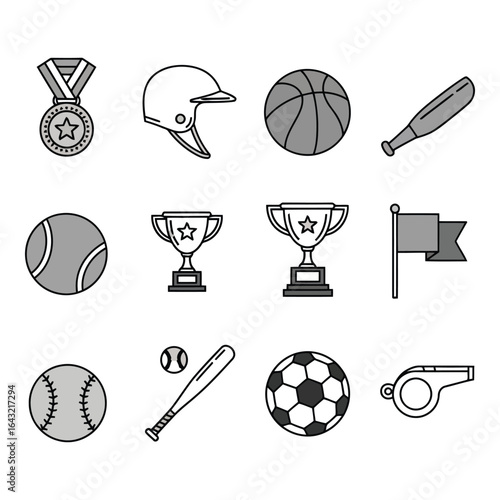 Art of collection of sports equipment and achievement icons isolated on white