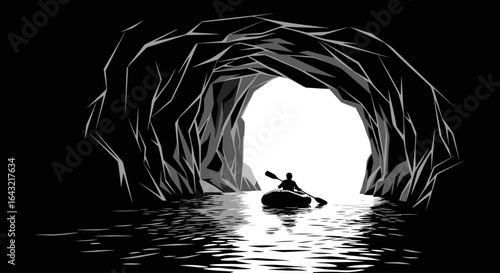 navigate uncertainty a solo kayaker paddling towards a bright future through a dark cave entrance