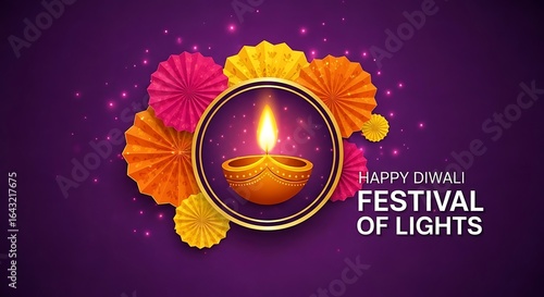 Golden Diwali Oil Lamp Flame in Circle Surrounded by Colorful Paper Fan Decorations and Glitter on a Deep Purple Happy