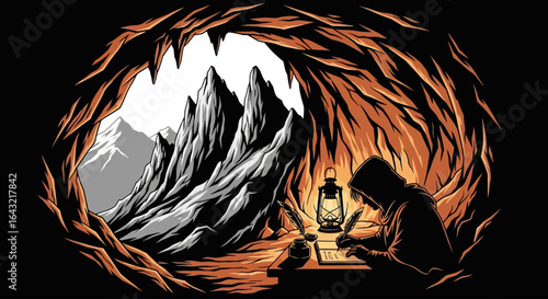 secluded writer crafting epic tale mountain view inspiration fuels creative journey in cave studio