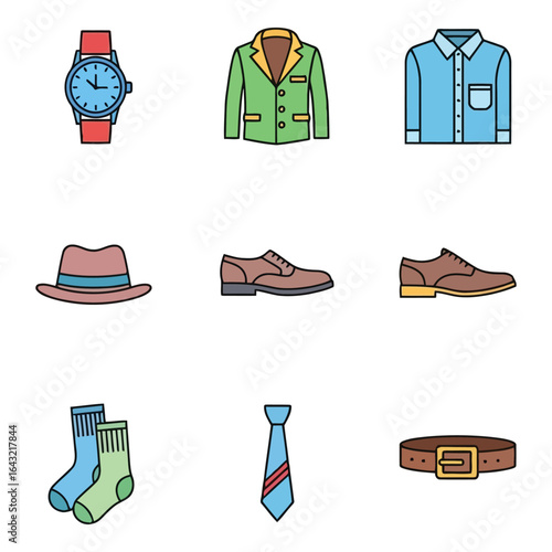 Art of mens fashion and clothing accessories icons isolated on white background