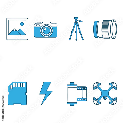 Art of collection of photography equipment icons isolated on white background