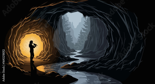 woman plays flute at cave entrance natures symphony tranquility and inner peace found in wilderness exploration perfect for ecotourism meditation and musicrelated projects