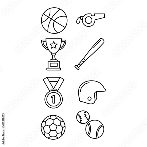 Art of sports equipment and awards icons isolated on white background