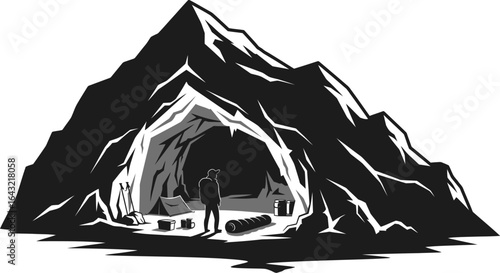 mountain cave shelter a dramatic black and white illustration perfect for adventure survival and hikingthemed designs