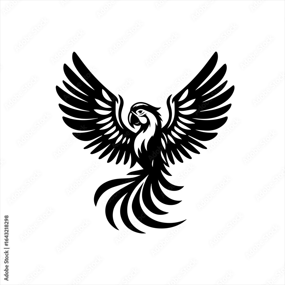 Obraz premium Stylized black macaw parrot in flight silhouette