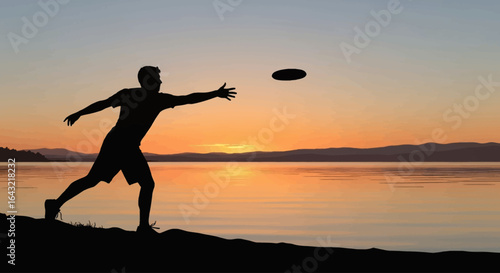 silhouette of man throwing frisbee at sunset over calm lake peaceful recreation active lifestyle and freedom concept for wellness websites travel blogs and sporting goods ads