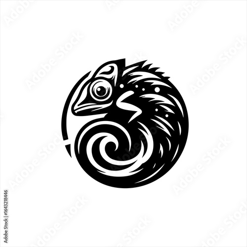 Stylized black chameleon in a circle tribal design