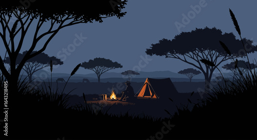 serene night in the african savanna a solitary camper enjoys the tranquility of a campfire under the starlit sky perfect for travel adventure and relaxation themes