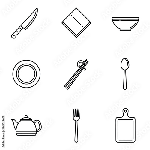Art of outline icons of kitchenware and dining utensils isolated on white