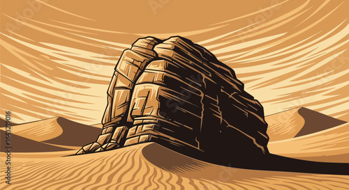 desert oasis a striking vector illustration of a lone rock formation in a sandy landscape perfect for travel brochures adventure book covers and website backgrounds