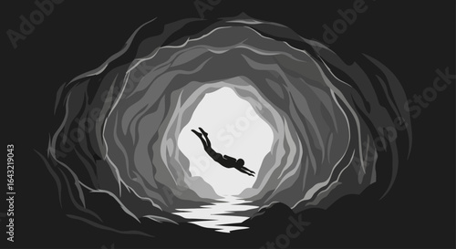 embark on a transformative journey silhouette of a person diving into a mysterious cave symbolizing courage exploration and the leap into the unknown