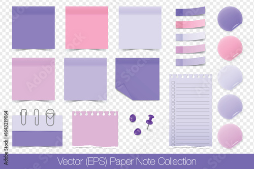 Realistic sticky paper note set, blank templates isolated on transparent background. Aesthetic purple paper mockup, post note stickers, sticky paper tapes, round stickers, paper clips and push pins