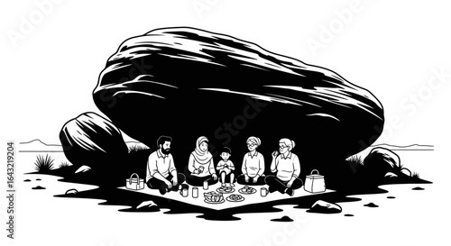 family picnic underneath a rock shelter a black and white illustration of tranquil family time in nature perfect for promoting family values outdoor activities or travel