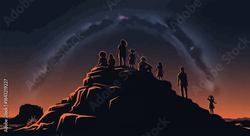 family silhouettes witnessing a celestial event a stunning sunset and milky way arch over a rocky hilltop inspiring wonder and togetherness