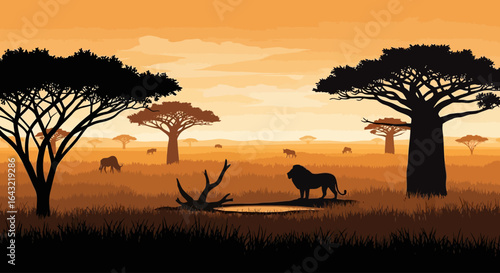 serene african savannah sunset majestic lion silhouette against baobab trees ideal for wildlife documentaries travel brochures and africanthemed designs