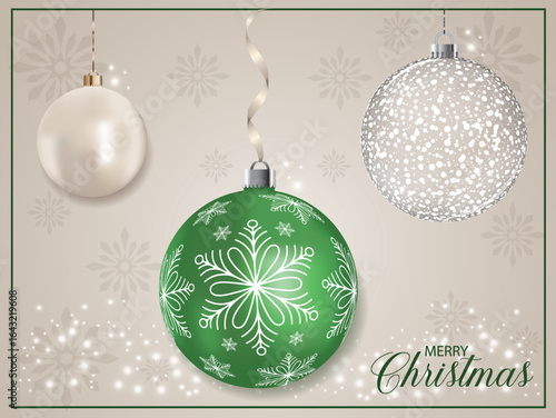 An artistic green pearly Christmas bauble showcasing a white detailed snowflake design on a background filled with arranged snowflakes.