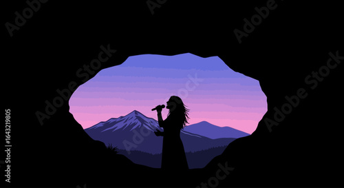 silhouette of a woman singing into a microphone at sunset viewed from a cave opening mountain landscape background ideal for music spirituality and naturethemed projects