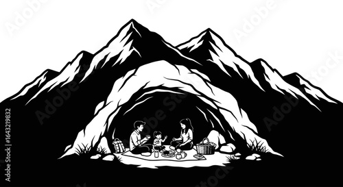 family mountain picnic a black and white illustration of tranquil family time in a mountain cave perfect for relaxation and naturethemed designs