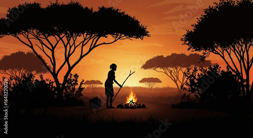 african sunset silhouette woman tending campfire embracing tradition and resilience in the savannah