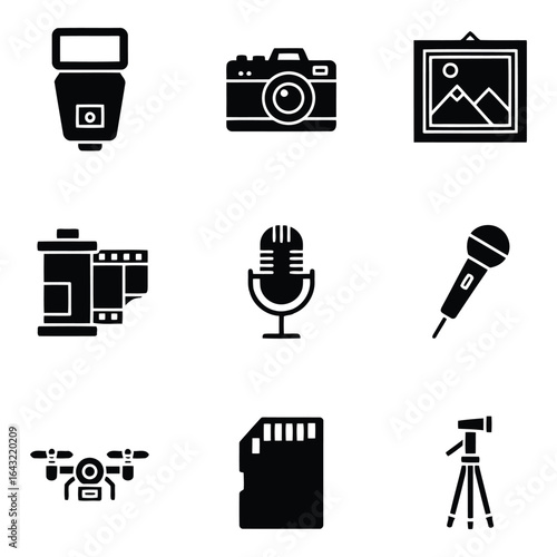 Art of photography and audio equipment icons isolated on white background