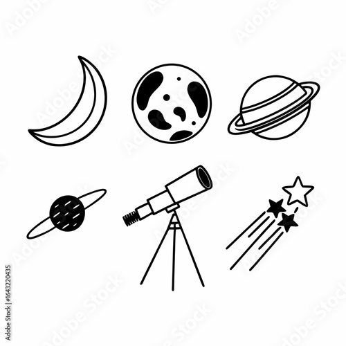 Illustration of space objects including planets, moon, telescope, and stars isolated on white background