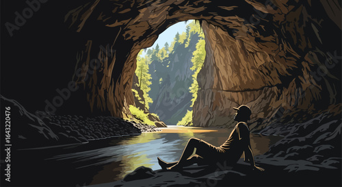 finding serenity a man contemplates natures beauty from a cave entrance overlooking a tranquil river and lush forest a perfect escape image for travel wellness and adventure content