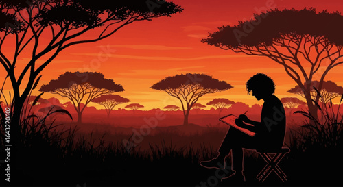 silhouette of an artist sketching the serengeti sunset inspiring creative freedom and african adventure designs