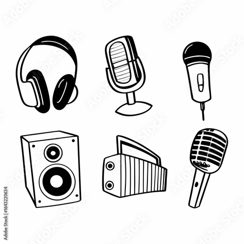 Illustration of audio equipment including microphones, headphones and speaker isolated on white background