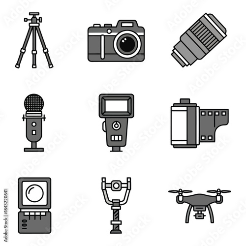 Art of collection of photography and videography equipment icons isolated on white background