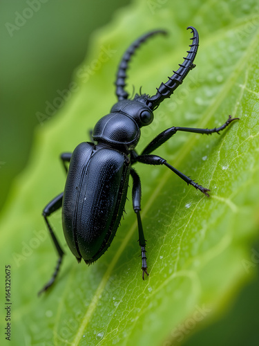 Black longhorn beetle, Prionus coriarius on green leaf, macro detail shot of a black beetle also known as tanner or sawyer