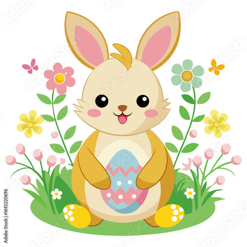 Cute Easter Bunny with Painted Egg and Chicks Vector Illustration
