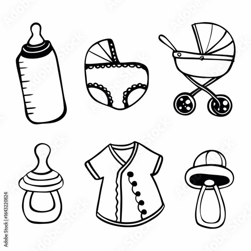 Baby essentials doodle set featuring bottle, bodysuit, pram, pacifier, and clothing isolated on white background