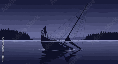 solitary figure contemplates loss a dramatic silhouette of a sunken sailboat at dusk evoking themes of resilience and overcoming adversity