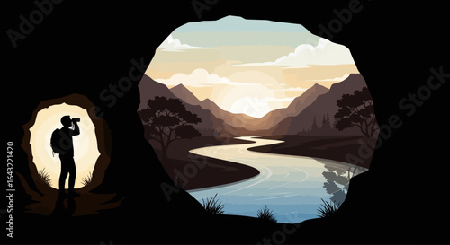 explorer emerging from cave binoculars focused on serene river valley sunset inspiring travel adventure and discovery imagery