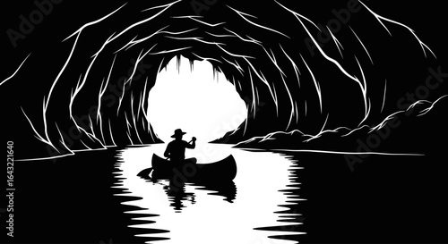 canoeist navigating a dark cave entrance a symbol of exploration adventure and overcoming challenges