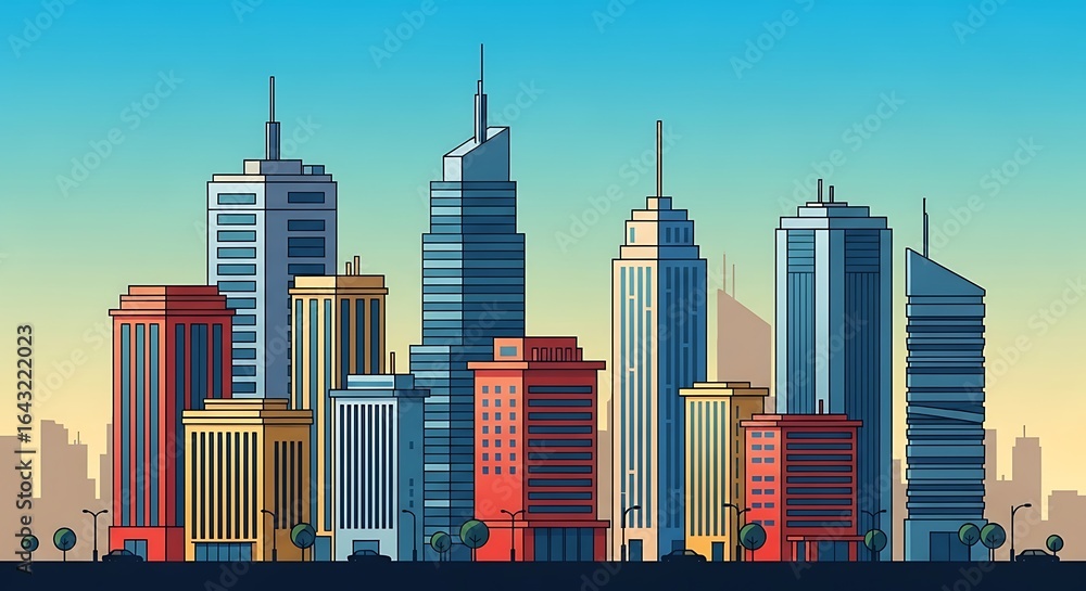 Obraz premium Illustration of a colorful cityscape illustration featuring a diverse array of skyscrapers against a gradient sky, showcasing urban development and architectural design