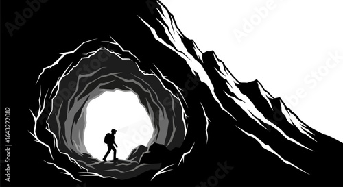 hiker emerging from mountain cave symbolic image of discovery exploration and overcoming challenges in business and life