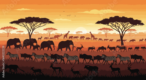 african safari sunset silhouette panorama of elephants zebras and wildlife migration for travel conservation and wildlife documentaries