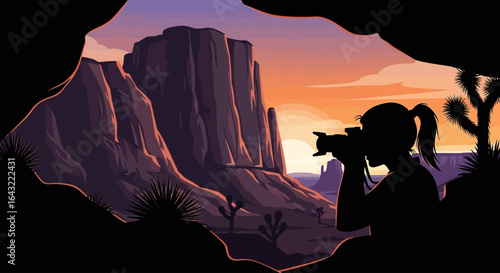 silhouette of female photographer capturing breathtaking sunset over majestic desert landscape ideal for travel adventure and photography blogs