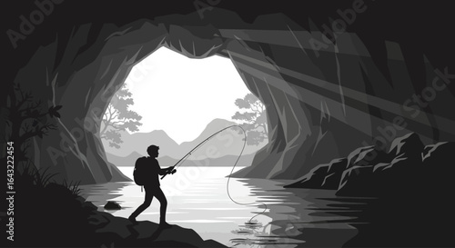 solitary fisherman casting line from cave entrance peaceful monochrome illustration for adventure nature and solitude themes