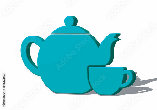 Turquoise teapot and teacup casting shadow on white surface, symbolizing afternoon tea and relaxation, creating a sense of calm and warmth.