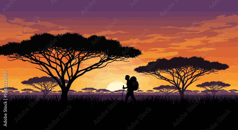 silhouette of a lone hiker trekking across the african savanna at sunset showcasing adventure exploration and the beauty of untouched wilderness silhouette of a lone hiker trekking across the african savanna at sunset showcasing adventure exploration and the beauty of untouched wilderness