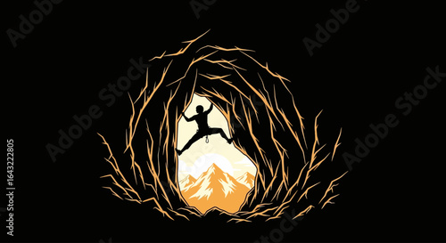 climber emerging from cave achieving breakthrough conquering challenges reaching new heights of success inspiring stock image