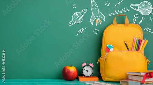 Yellow school backpack with colorful stationery, alarm clock, apple, and stack of books on green background with hand-drawn school doodles, back to school concept, high quality stock image