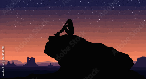 silhouette of a woman contemplating lifes journey at sunset finding peace and solitude in the vast desert landscape under a starry sky