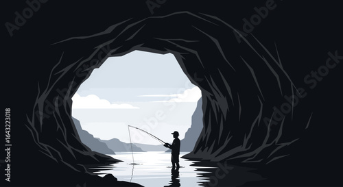 solitary fisherman casting line from dark cave entrance serene lake and mountain landscape backdrop ideal for relaxation adventure and solitude themed projects