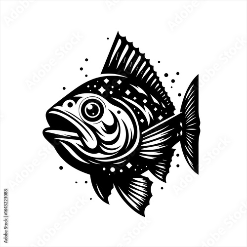 Stylized black and white fish illustration with bubbles